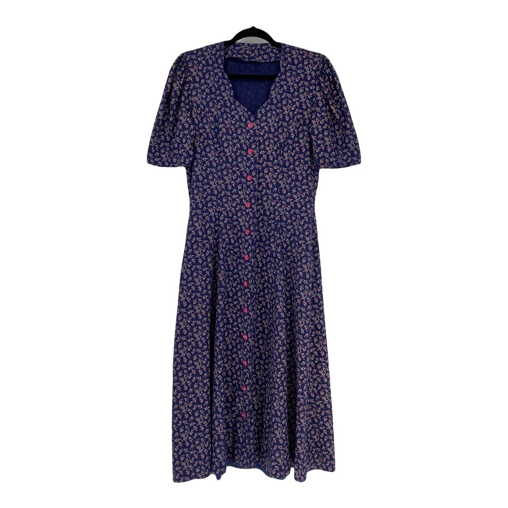 Vintage Navy Blue Pink Floral Midi Dress S Cottage Prairie Button Puff Sleeve - Picture 13 of 15